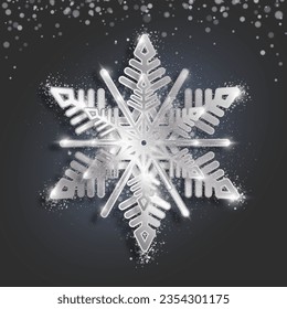 Silver metallic snowflake on a dark background. Christmas New Year element. Frozen silhouette of a snowflake with highlights and sequins, a symbol of winter. Vector EPS 10.