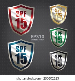 and silver metallic spf 15 shield sticker, badge, icon, stamp, label, banner, sign, vector format