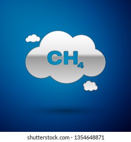 Silver Methane emissions reduction icon isolated on blue background. CH4 molecule model and chemical formula. Marsh gas. Natural gas. Vector Illustration
