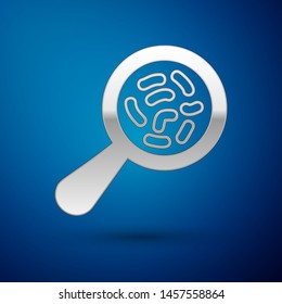 Silver Microorganisms under magnifier icon isolated on blue background. Bacteria and germs, cell cancer, microbe, virus, fungi.  Vector Illustration
