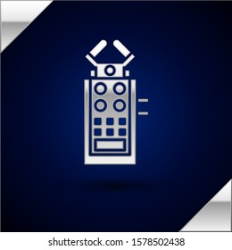Silver Microphone icon isolated on dark blue background. On air radio mic microphone. Speaker sign.  Vector Illustration