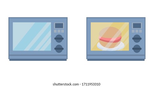 Horno de microondas de plata, apagado y en funcionamiento. aislado en un fondo blanco. Aparatos eléctricos para cocinar. Calentar un perro caliente en el microondas. Ilustración vectorial en estilo plano.