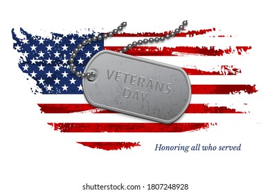 Silver military badge on chain over national american flag. United states patriotic element. Happy veteran day. Event holiday celebration. Greeting history honoring thankfulness vector poster
