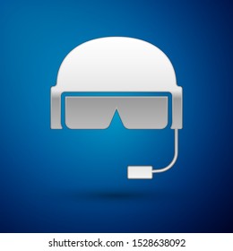 Silver Military helmet icon isolated on blue background. Army hat symbol of defense and protect. Protective hat.  Vector Illustration