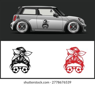 A silver Mini Cooper with beetle decals on the side and two variations of the decal on a white background.