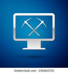 Silver Mining concept with monitor and pickaxe icon isolated on blue background. Blockchain technology, cryptocurrency mining, digital money market. Vector Illustration