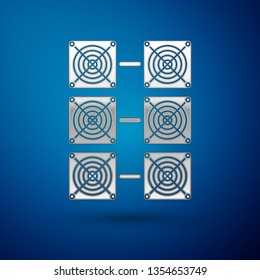 Silver Mining farm icon isolated on blue background. Cryptocurrency mining, blockchain technology, bitcoin, digital money market, cryptocoin wallet. Vector Illustration