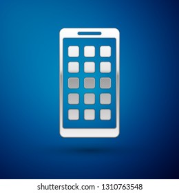 Silver Mobile Apps icon isolated on blue background. Smartphone with screen icons, applications. mobile phone showing screen. Vector Illustration
