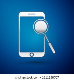 Silver Mobile phone diagnostics icon isolated on blue background. Adjusting app, service, setting options, maintenance, repair, fixing.  Vector Illustration