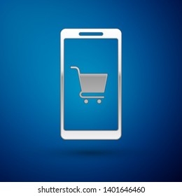 Silver Mobile phone and shopping cart icon isolated on blue background. Online buying symbol. Supermarket basket symbol. Vector Illustration