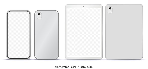 Silver Mobile Phone and Tablet Computer Mockup With Front and Back Side View. 