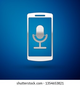 Silver Mobile recording icon isolated on blue background. Mobile phone with microphone. Voice recorder app smartphone interface. Vector Illustration