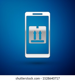 Silver Mobile smart phone with app delivery tracking icon isolated on blue background. Parcel tracking.  Vector Illustration