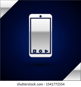 Silver Mobile smart phone with app delivery tracking icon isolated on dark blue background. Parcel tracking.  Vector Illustration