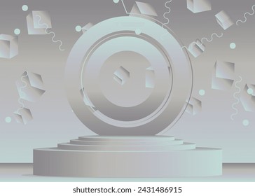 Silver mockup product display. Vector cylinder pedestal podium. Stage showcase for presentation.