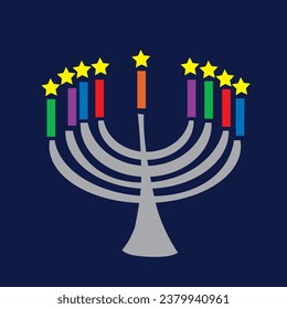 Silver Modern Hanukkah Menorah vector w colorful candles and yellow stars for flames. Perfect for Hanukkah cards, store display or ads, newsletters, online graphic.