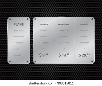 Silver modern pricing table with on dark pattern background. Vector illustration.