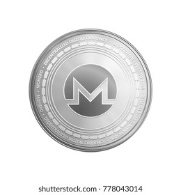 Silver monero coin. Crypto currency blockchain coin monero symbol isolated on white background. Realistic vector illustration.