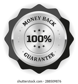 Silver money back badge with black border on white background