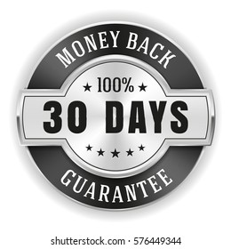 Silver money back badge / button with black border on white background