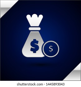Silver Money bag and coin icon isolated on dark blue background. Dollar or USD symbol. Cash Banking currency sign.  Vector Illustration