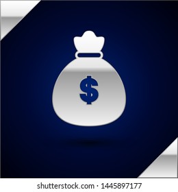 Silver Money bag icon isolated on dark blue background. Dollar or USD symbol. Cash Banking currency sign. Vector Illustration Silver Money bag icon isolated on dark blue background. Dollar or USD symbol. Cash Banking currency sign. Vector Illustration