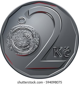 Silver money, reverse of the coin two czech crones with Value and Great Moravian button-jewel.