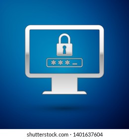 Silver Monitor with password notification and lock icon isolated on blue background. Concept of security, personal access, user authorization, login form. Vector Illustration