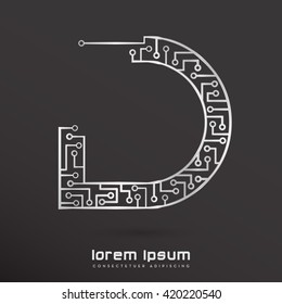 SILVER, MONOGRAM D, CIRCUIT , VECTOR ICON / LOGO , ON BLACK BACKGROUND
