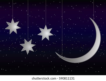 Silver moon and stars dangling pearl beads color vector illustration isolated on a dark violet background with small stars