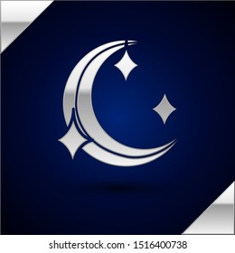 Silver Moon and stars icon isolated on dark blue background.  Vector Illustration