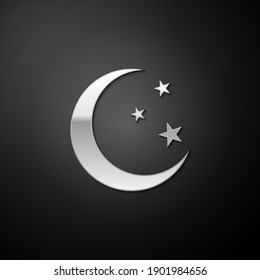 Silver Moon and stars icon isolated on black background. Long shadow style. Vector.