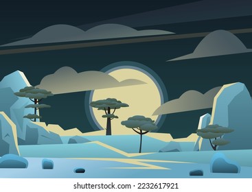 Silver moonlight. Warm dark southern night. Twilight landscape. African acacia. Trees green foliage. Cartoon fun style. Flat design. Vector
