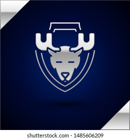 Silver Moose head on shield icon isolated on dark blue background. Hunting trophy on wall.  Vector Illustration
