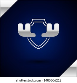 Silver Moose horns on shield icon isolated on dark blue background. Hunting trophy on wall.  Vector Illustration