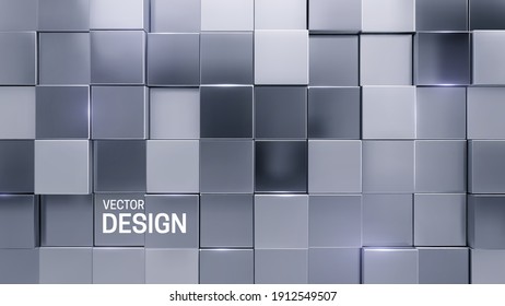 Silver mosaic background. Random cubes backdrop. Vector geometric illustration. Glossy square shapes. Architectural abstraction. Interior concept. Business or corporate decoration