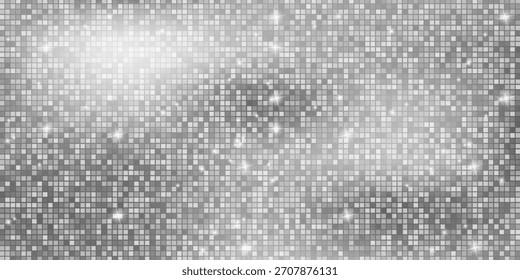 Fondo de bola de discoteca de mosaico de plata con brillo de espejo blanco y textura de manchas de luz. Patrón de lentejuelas de tonos grises brillantes. Decoración de moda festiva. Glam Navidades brillantes pared. Ilustración vectorial.