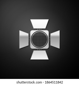 Silver Movie spotlight icon isolated on black background. Light Effect. Scene, Studio, Show. Long shadow style. Vector.