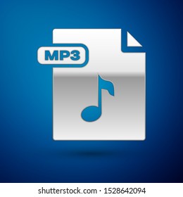 Silver MP3 file document. Download mp3 button icon isolated on blue background. Mp3 music format sign. MP3 file symbol.  Vector Illustration