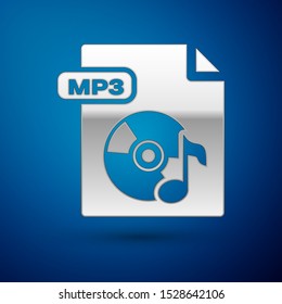 Silver MP3 file document. Download mp3 button icon isolated on blue background. Mp3 music format sign. MP3 file symbol.  Vector Illustration