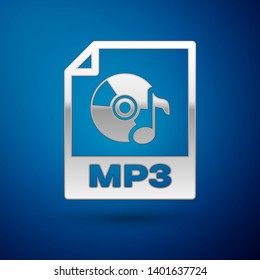 Silver MP3 file document icon. Download mp3 button icon isolated on blue background. Mp3 music format sign. MP3 file symbol. Vector Illustration