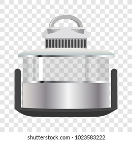 Silver multicooker banner, color vector illustration with kitchenware standing on black rack, oval handle, glass bowl, isolated on transparent background