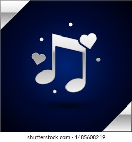 Silver Music note, tone with hearts icon isolated on dark blue background.  Vector Illustration