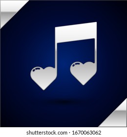 Silver Music note, tone with hearts icon isolated on dark blue background. Valentines day.  Vector Illustration