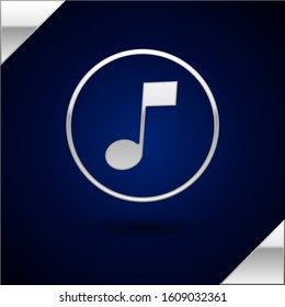 Silver Music note, tone icon isolated on dark blue background.  Vector Illustration