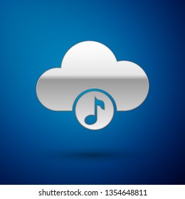 Silver Music streaming service icon isolated on blue background. Sound cloud computing, online media streaming, online song, audio wave. Vector Illustration
