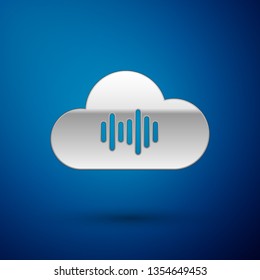 Silver Music streaming service icon isolated on blue background. Sound cloud computing, online media streaming, online song, audio wave. Vector Illustration