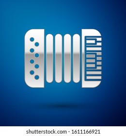 Silver Musical instrument accordion icon isolated on blue background. Classical bayan, harmonic.  Vector Illustration