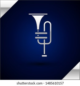 Silver Musical instrument trumpet icon isolated on dark blue background.  Vector Illustration
