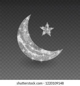 Silver muslim month with glittering texture on transparent background, vector illustration